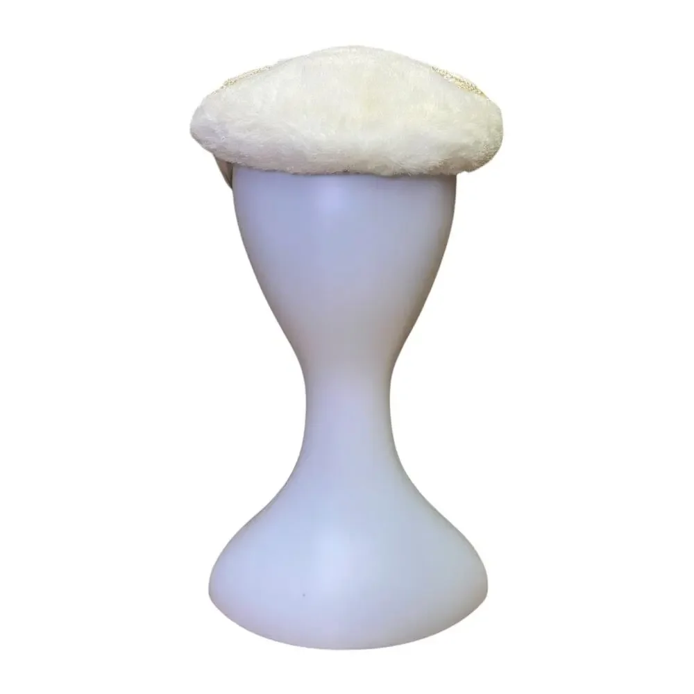 1960s Vintage White Fur Calot Hat Pearl Beaded Vintage Cocktail Topper - Picture 4 of 9